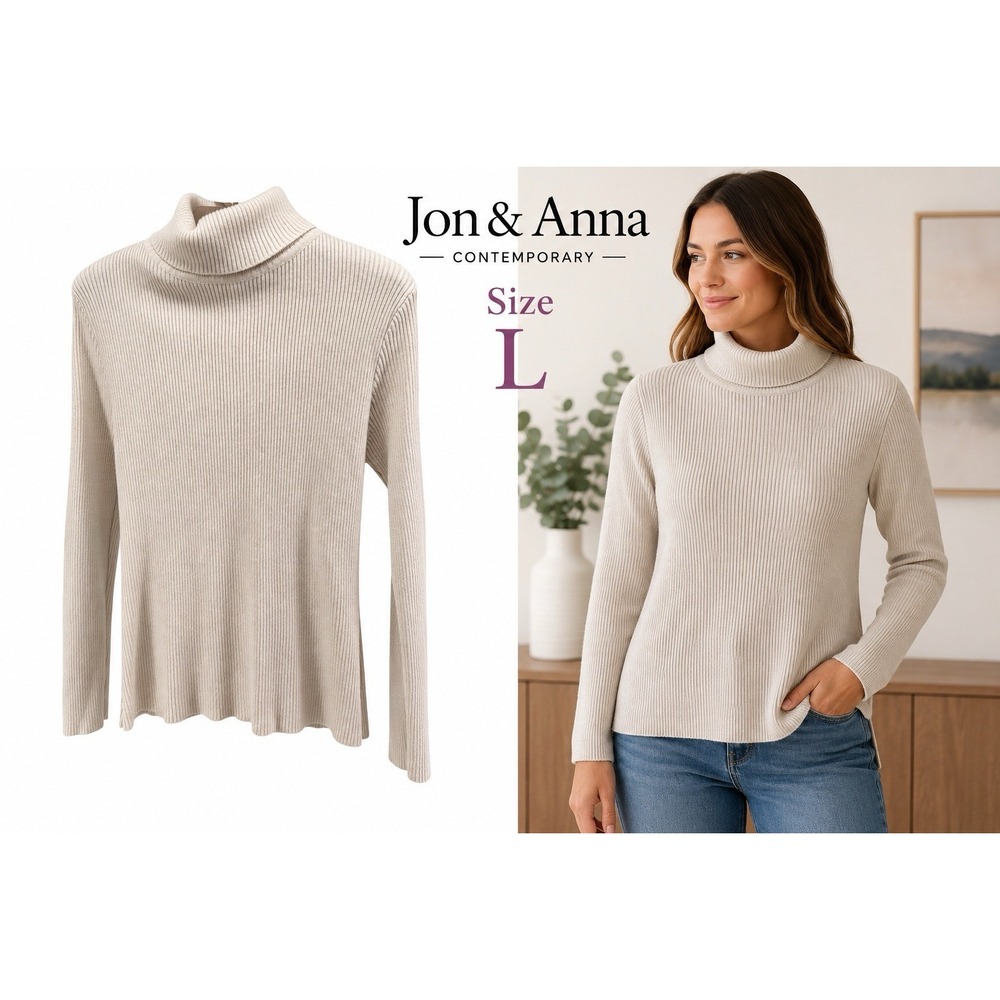 Jon & Anna Contemporary Women's L Ivory Ribbed Turtleneck Sweater Lightweight